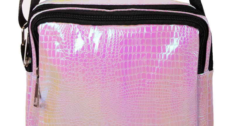 Handtasje slangeleer print paars, compact schoudertasje met glanzende schubbenprint en zwarte rits