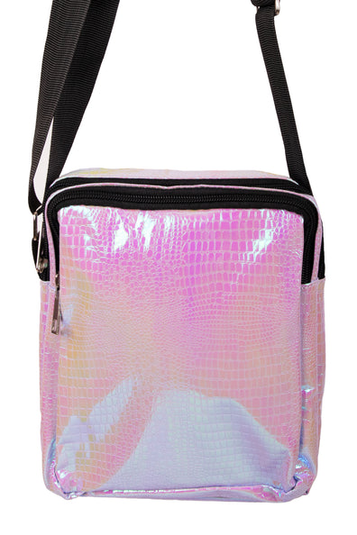 Handtasje slangeleer print paars, compact schoudertasje met glanzende schubbenprint en zwarte rits