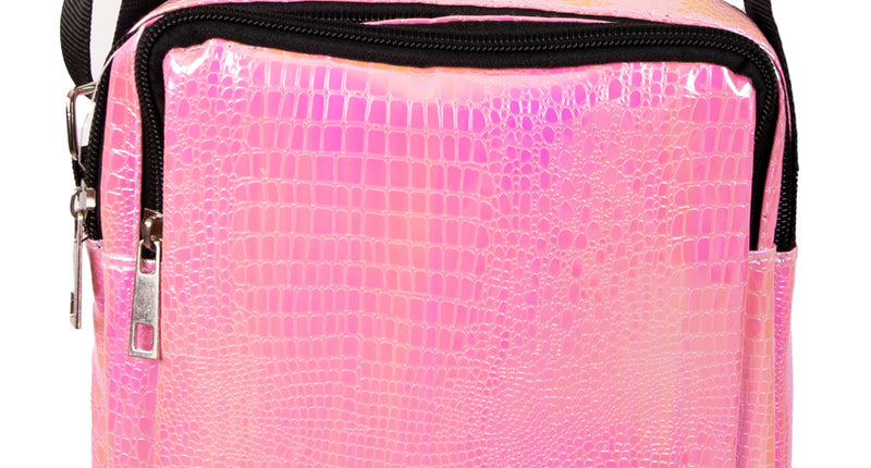 Handtasje slangeleer print roze met glanzende slangenprint, zwarte rits en zwarte schouderband voor een themafeest