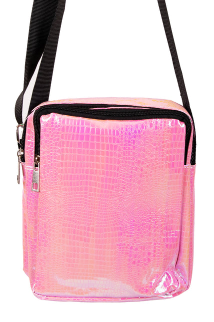 Handtasje slangeleer print roze met glanzende slangenprint, zwarte rits en zwarte schouderband voor een themafeest