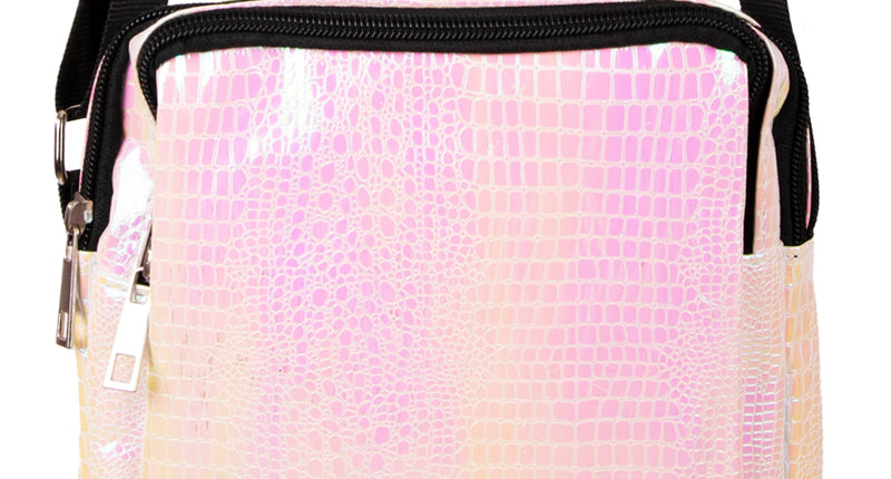 Handtasje slangeleer print wit met iriserende roze glans, zwarte rits en verstelbare schouderband
