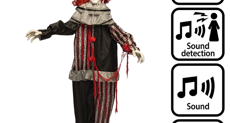 Hangdecoratie clown Mad giggles met lichtgevende rode ogen en gestreept pak voor Halloween
