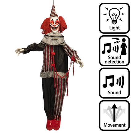 Hangdecoratie clown Mad giggles met lichtgevende rode ogen en gestreept pak voor Halloween