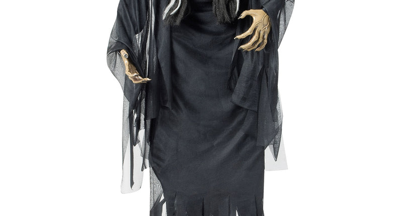 Hangdecoratie gebochelde heks in zwart gewaad met tule flarden en klauwhanden voor Halloween