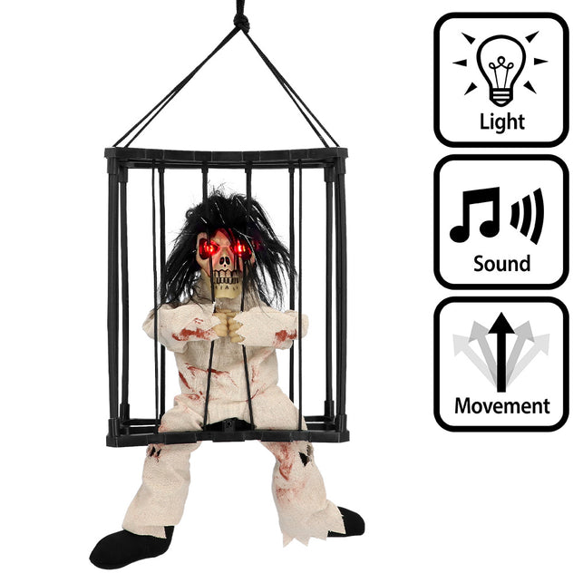 Hangdecoratie Jail house ghost LED met rood oplichtende ogen in zwarte kooi, voor Halloween