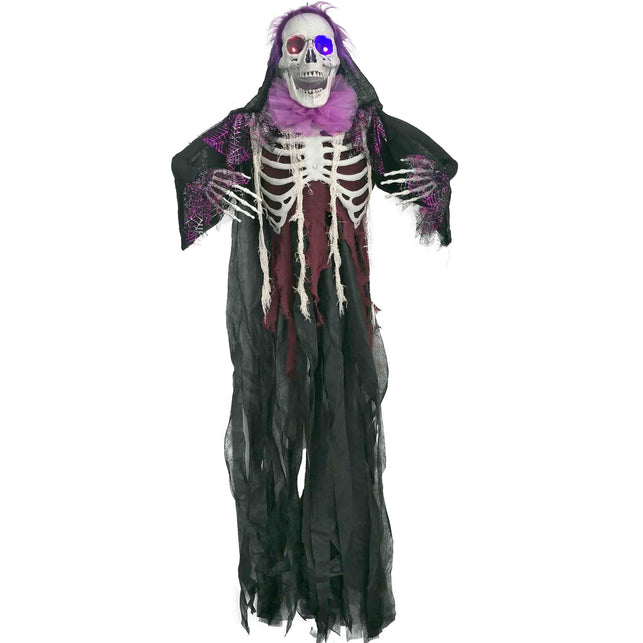Hangdecoratie skelet 160 cm met paars haar, zwart gerafeld gewaad en spinnenwebmouwen voor Halloween