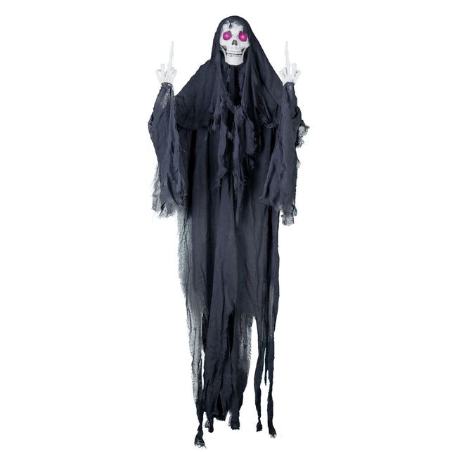 Hangdecoratie skelet 170 cm met zwarte gaasmantel, capuchon en roze oplichtende ogen voor Halloween