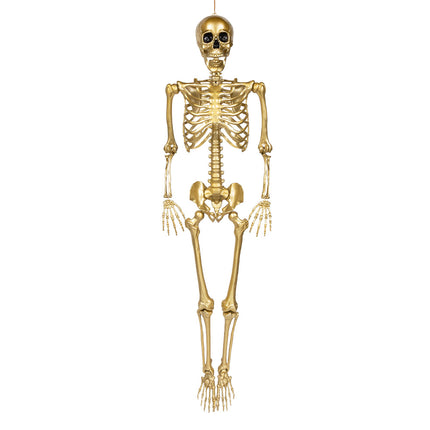 Hangdecoratie skelet goud XL met zwarte oogkassen en uitgewerkte ribbenkast, vooraanzicht voor Halloween