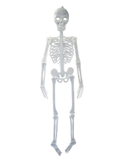 Hangend geraamte decoratie wit kunststof van 150 cm met ophangoog op de schedel, voor Halloween