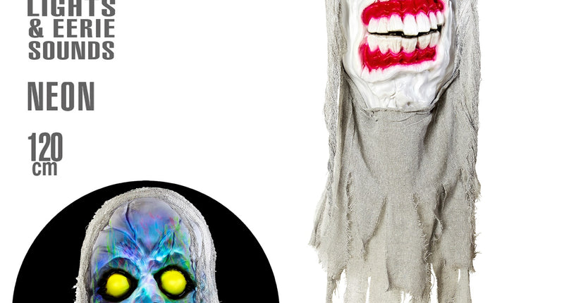 Hangende demon met grijze gaaskap van 120 cm, wit en in kleurwisselend licht als halloweendecoratie