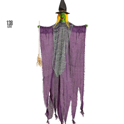 Hangende heksdecoratie van 138 cm met zwarte punthoed, geel haar en strobezem