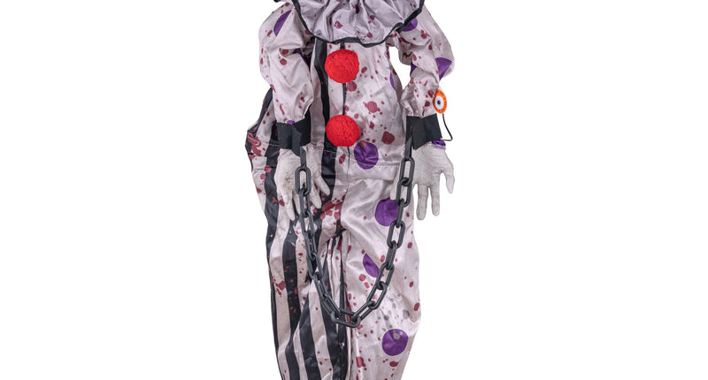 Hangende horrorclown decoratie 110 cm met paars haar, wit-zwart pak met rode pompons en ketting