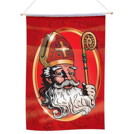 Hangende vlag Sinterklaas rood met mijter, staf en getekend speelgoed, voor pakjesavond