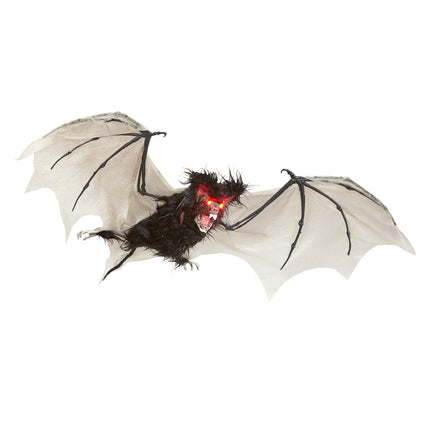 Harige vleermuis decoratie zijaanzicht met zwart behaard lijf en rood gezicht voor je halloweenfeest