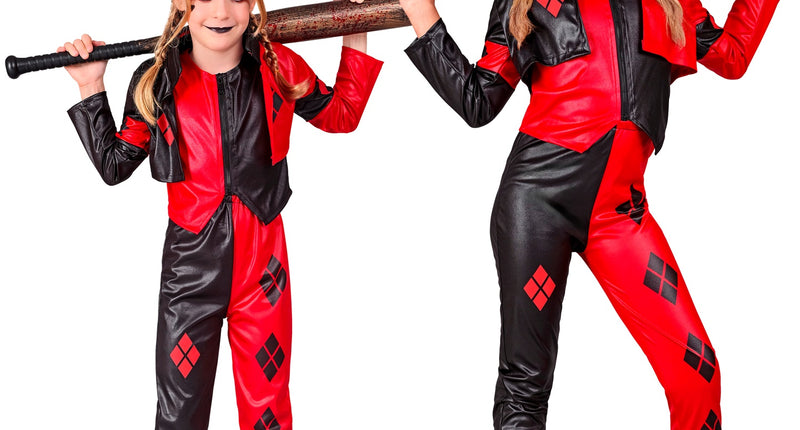 Harlekijn kostuum Saartje in rood en zwart met ruitjesprint, gedragen door kind en tiener op Halloween