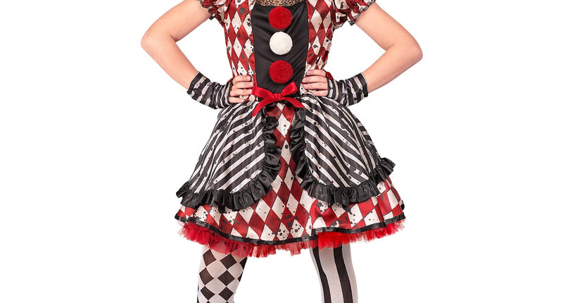 Harlekijn pop kostuum Luukie met rood-witte ruitjurk, gestreepte rok en pompons voor Halloween