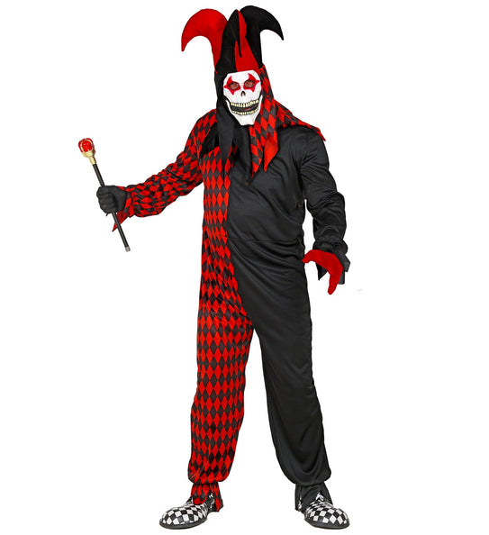 Harlekijnspak heren van voren: zwarte helft en rood-zwart ruitpatroon met wit doodshoofdmasker