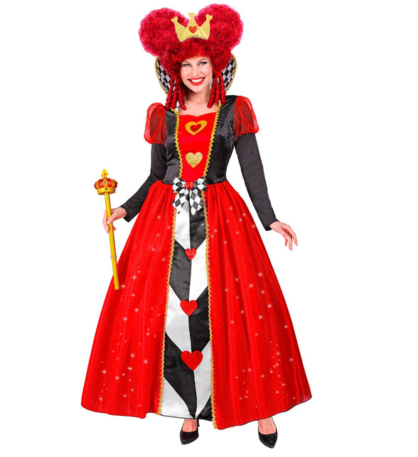 Harten koningin kostuum dames: rode jurk met zwart lijfje, gouden harten en kroon, voor carnaval