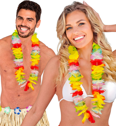 Hawaii bloemenslinger gedragen door dame en heer op een tropisch feest