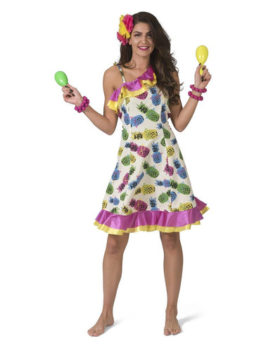 Hawaii jurkje Annabel met ananasprint in geel, groen en roze, mouwloos met ruche, voor een hawaiifeest