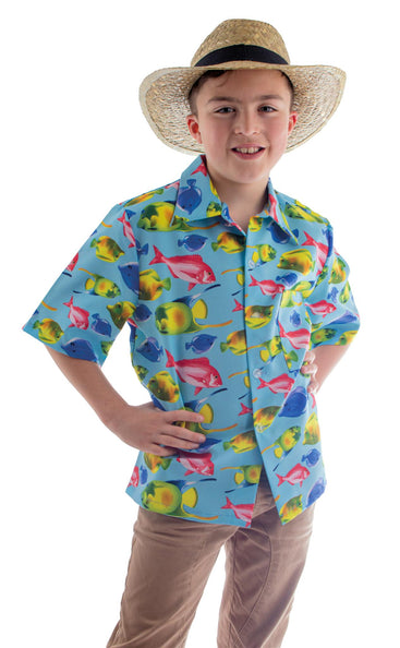 Hawaii shirt Daan voor kinderen, lichtblauw met tropische vissenprint en korte mouwen, voor een hawaiifeest