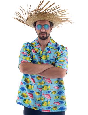 Hawaii shirt Luuk met vis print: lichtblauw overhemd met gele en roze vissen, voor heren op een hawaiifeest