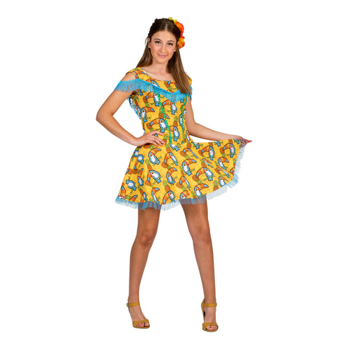 Hawaiiaanse jurk Marit in geel met toekan- en ananasprint en blauwe franjes, voor een hawaiifeest