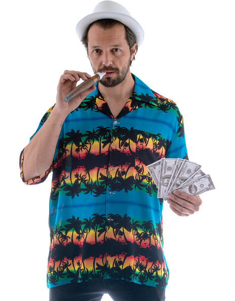 Hawaiian Shirt Aloha voor heren met zwarte palmbomen en zonsondergangbanen, voor een hawaiifeest
