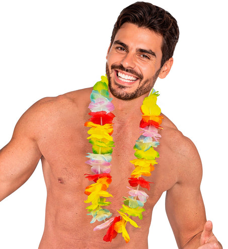 Heer met multicolor hawaii bloemenkrans om de nek, geregen aan doorzichtig koord