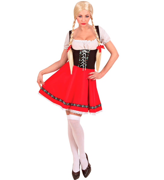 Heidi dirndl jurkje dames met rode rok, zwart lijfje en witte pofmouwen voor Oktoberfest