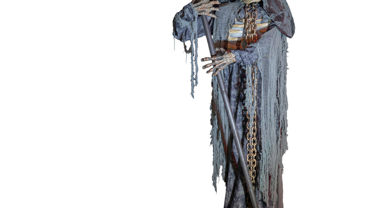 Hein de Dood animatronic van 300 cm, skelet met zeis in grijs gescheurd gewaad met capuchon
