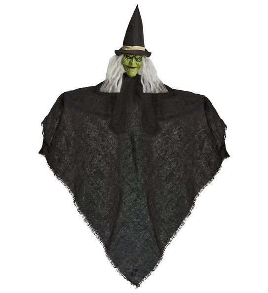 Heks decoratie Halloween 50cm met groen gezicht, zwarte punthoed en gerafelde zwarte gaasmantel