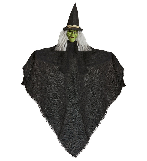 Heks decoratie Halloween 50cm met groen gezicht, zwarte punthoed en gerafelde zwarte gaasmantel