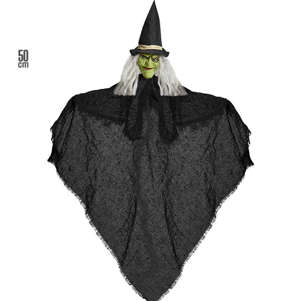 Heks decoratie Halloween met maataanduiding 50 cm, hangend model met wit haar en zwarte mantel