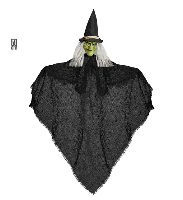 Heks decoratie Halloween met maataanduiding 50 cm, hangend model met wit haar en zwarte mantel