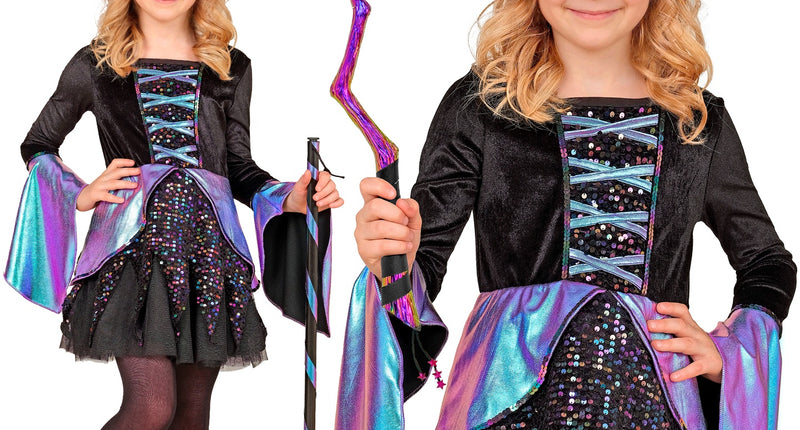 Heks Olivia kind: zwarte heksenjurk met paarsblauwe trompetmouwen en punthoed voor Halloween