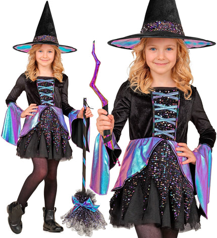Heks Olivia kind: zwarte heksenjurk met paarsblauwe trompetmouwen en punthoed voor Halloween