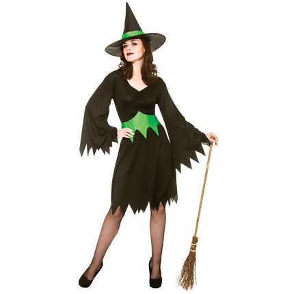Heksen pak dames in zwart met groene zigzagband, punthoed en riem voor Halloween