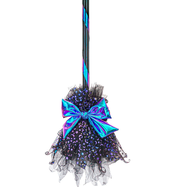 Heksenbezem blauw met zwart tule, sterren- en maantjesprint en metallic strik voor Halloween