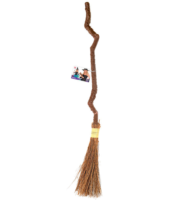 Heksenbezem krom rechtop met kronkelende houten steel en label van de fabrikant