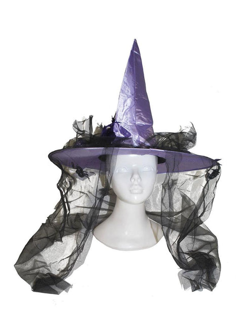 Heksenhoed paars met hoge punt, brede rand en zwart tule met twee nepspinnen, voor Halloween