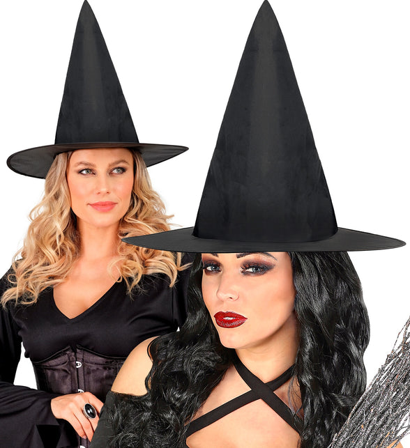 Heksenhoed zwart gedragen door twee dames met heksenschmink voor Halloween