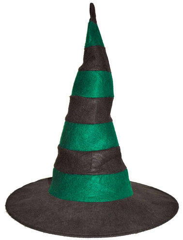 Heksenhoed zwart groen met gestreepte punt en brede zwarte rand van vilt voor Halloween