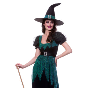 Heksenjurk Emerald dames van dichtbij met groene glitteroverrok en zwarte pofmouwen