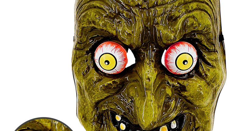 Heksenmasker met wiebelende ogen Sara in groen pvc met bolle rollende oogbollen en gele tanden