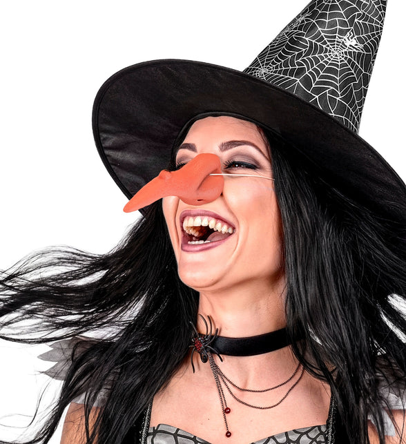 Heksenneus met wrat Gretha bij een zwarte punthoed met spinnenwebprint voor Halloween