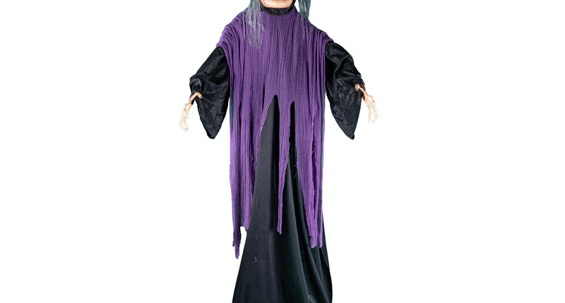 Heksenpop 205 cm met zwarte punthoed, paarse gerafelde omslagdoek en lange zwarte jurk voor Halloween