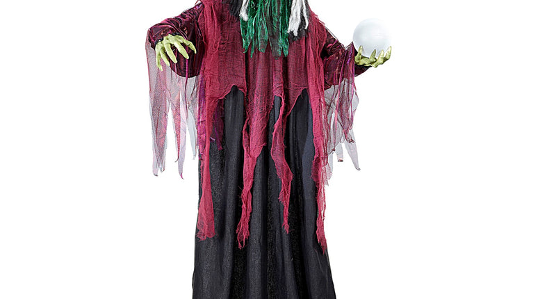 Heksenpop decoratie van 170 cm met groen gezicht, bordeauxrode lappen en zwarte rok voor Halloween