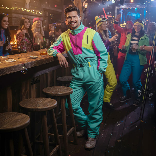 Heren in groen retro skipak met neonvlakken op een aprèsskifeest in een skihut