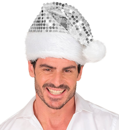 Heren kerstmuts zilver met brede witte pluche rand laag over het voorhoofd